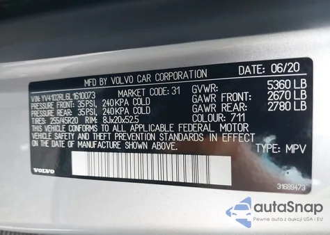 2020 Volvo Xc60 T5 Inscription z USA, uszkodzony, nr VIN YV4102RL6L1610073